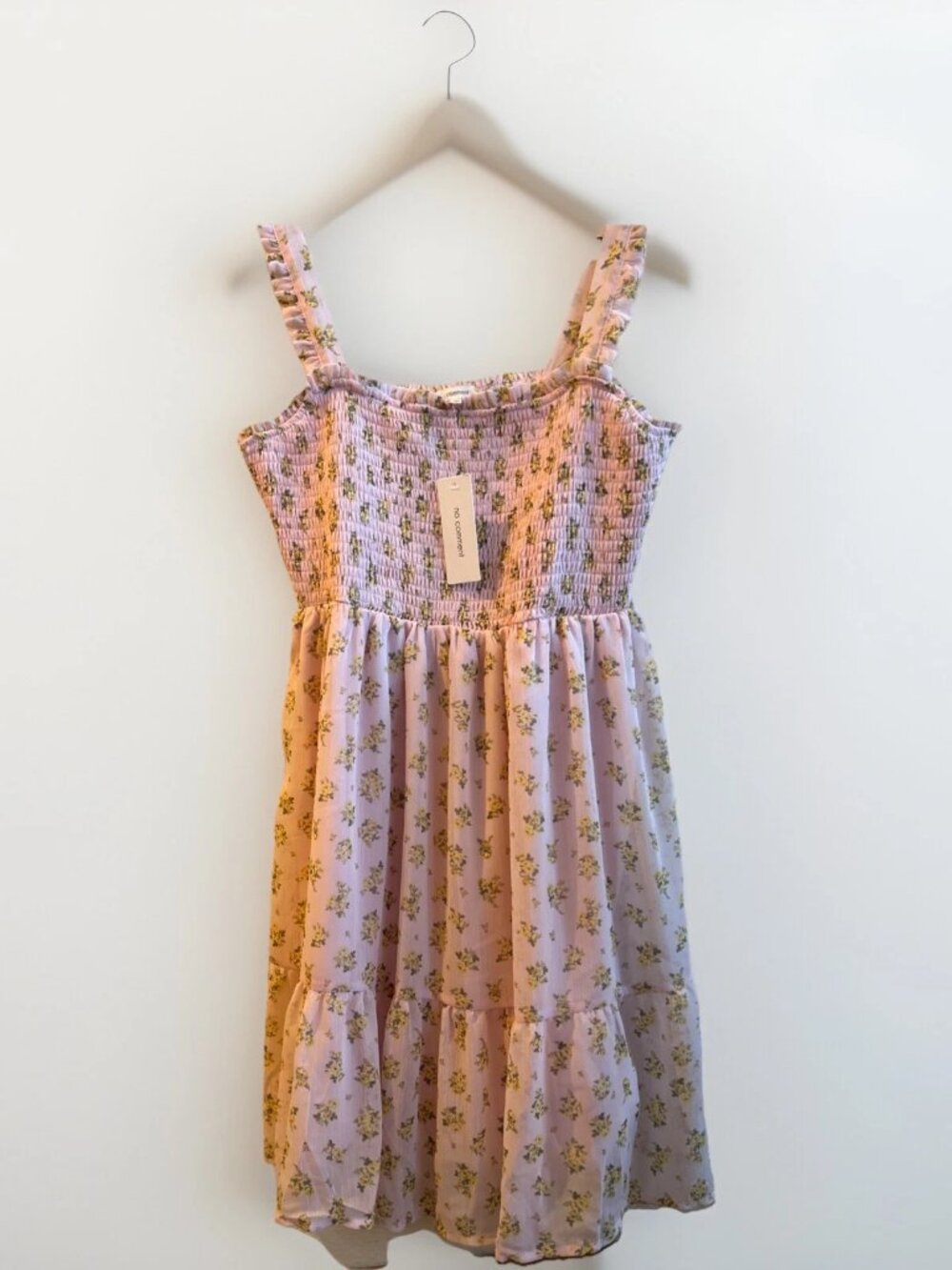 No Comment Pink Floral Smocked Top/Ruffle Straps/tiered DRESS Size Large